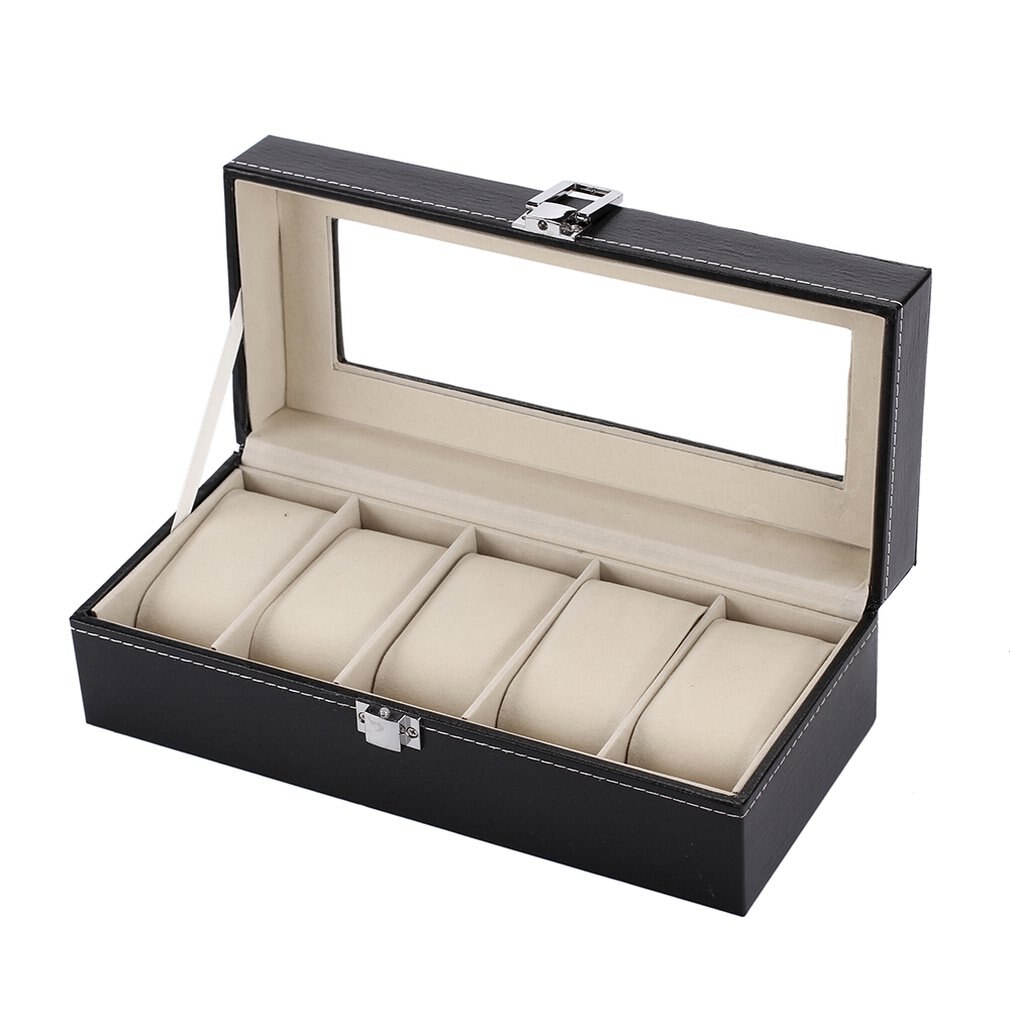 Standaard 5 Slots Modieuze Horloge Doos Zachte PU Lederen Horloge Opbergdoos Display van het Horloge Slot Case Box Case