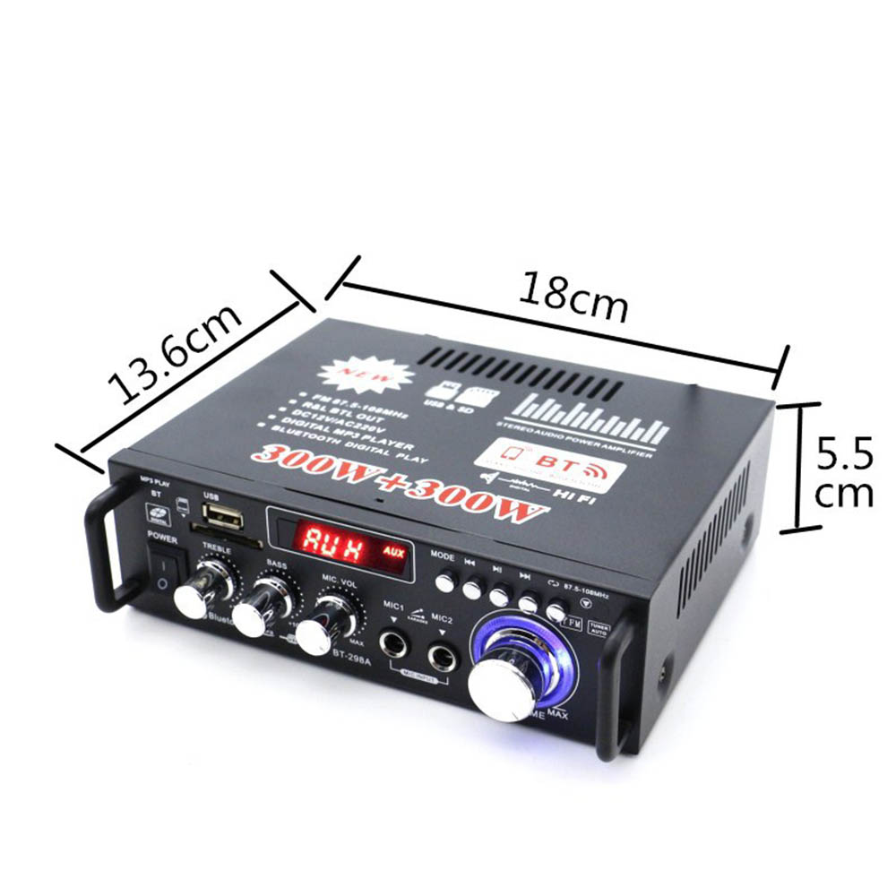 12V/220V BT-298A 2CH LCD Display 300W+300W EU Plug HIFI Audio Stereo Power Amplifier Bluetooth-compatible FM Radio with Remote