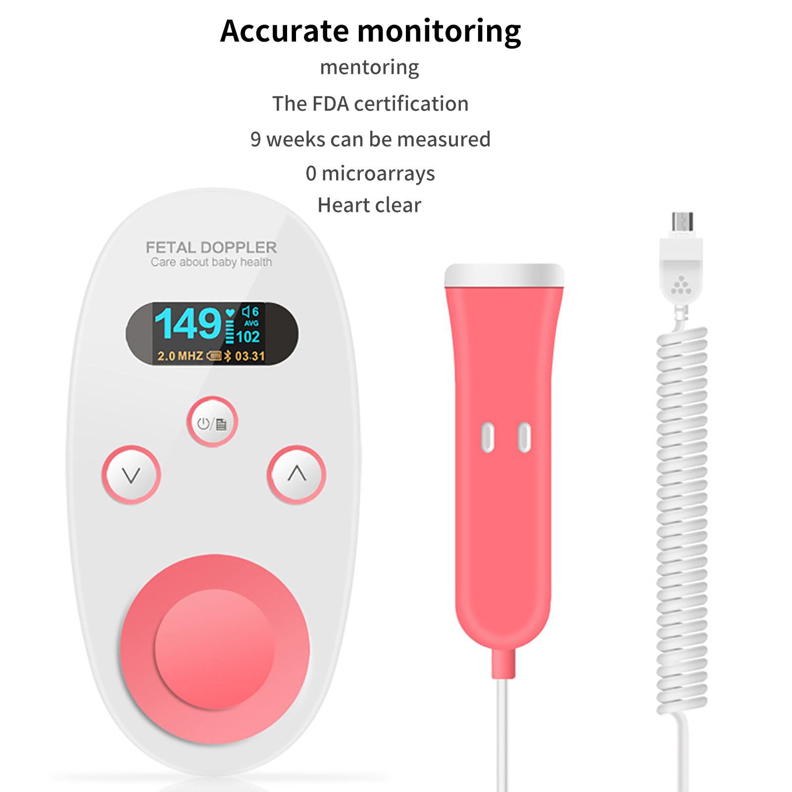 Doppler Fetal Heart rate Monitor Home Pregnancy Baby Fetal Sound Heart Rate Detector OLED Display No Radiation