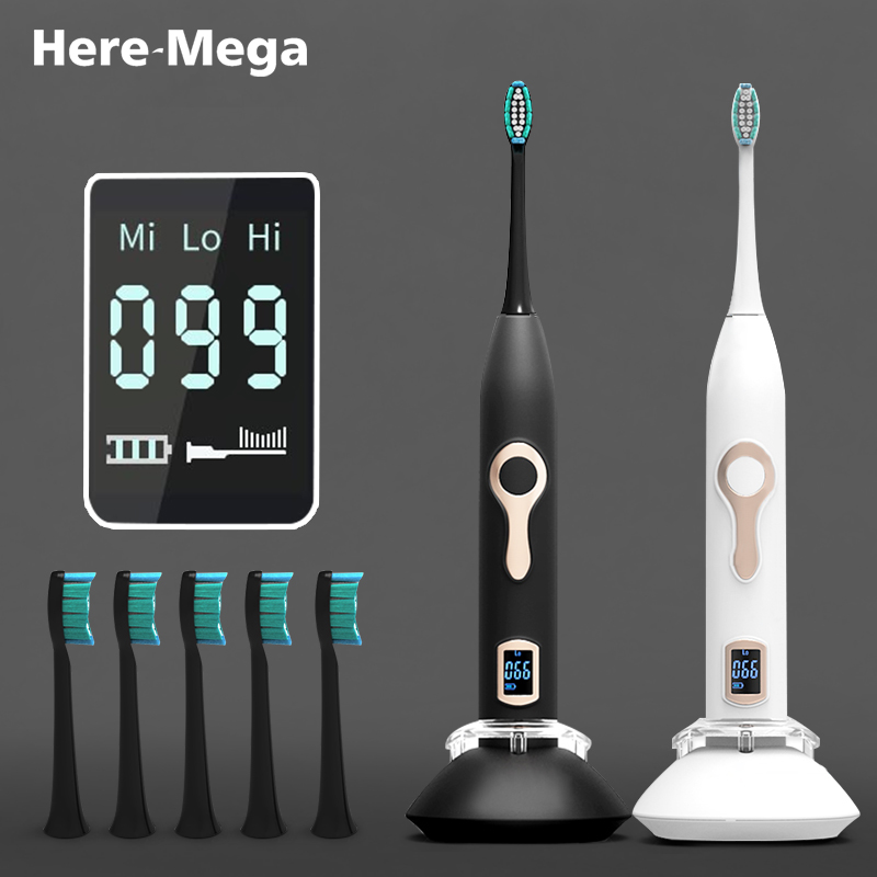 Here Mega Sonic Electric Toothbrush Smart Rechargeable Adult Toothbrush heads Replaceable Whitening waterproof LCD Screen 608