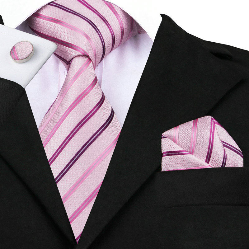 Mens Silk Ties Pink Tie Stripe Necktie Hanky Cufflink Set Business Wedding Ties For Men C-228
