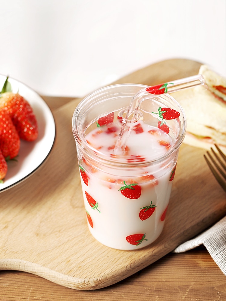 Jordbær glas vand kopper med glas halm 320ml glas med halm mælk juice kop til børn kæreste