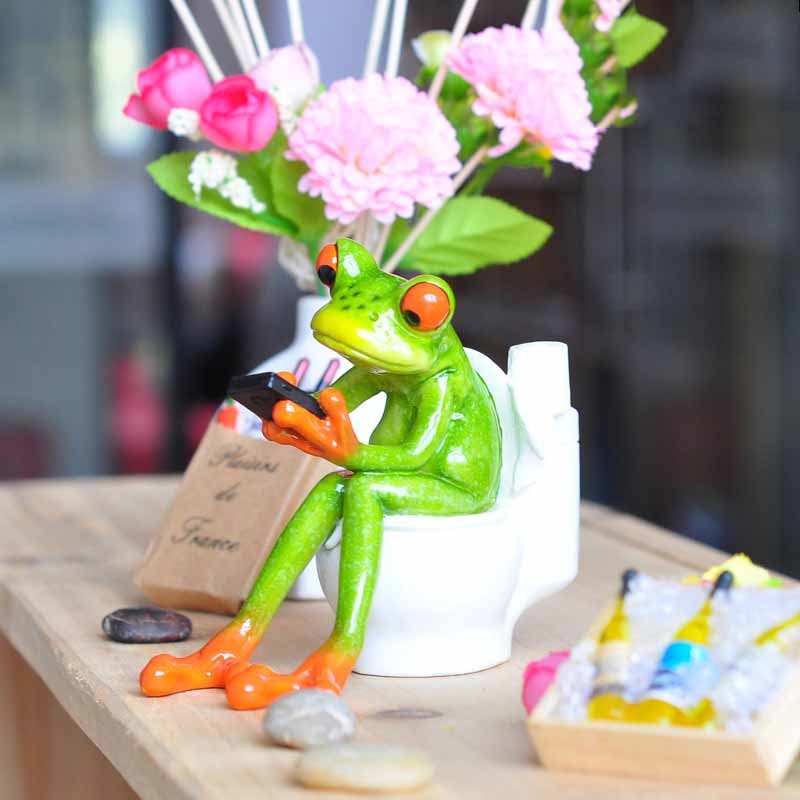 3d frog sculpture dolls figurines kawaii crafts sitting toilet ornaments for home decor resin frog figurines home accessories