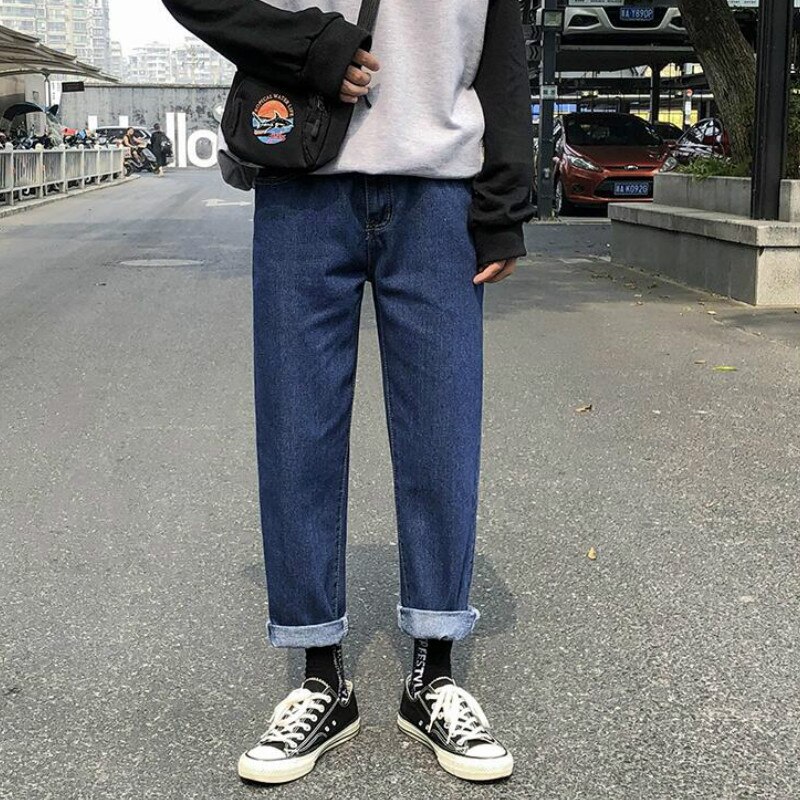 Menn jeans solid enkel rett all-match ankellange dongeribukser herre løs fritid trendy koreansk stil street-wear ulzzang