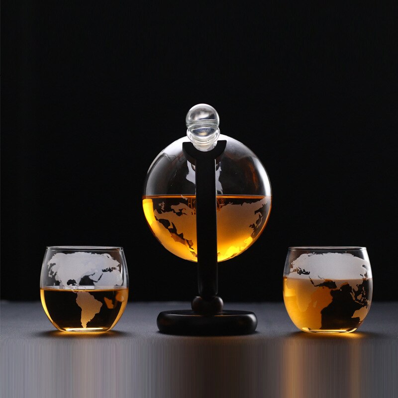 Decantador de whisky globo aireador de vino, conjunto de cristal de calavera de velero dentro de cristal con soporte de madera fina, decantador de licor para taza de Vodka