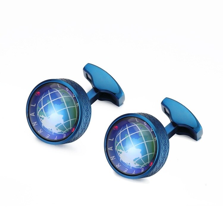 Gemelos de globo giratorio de acero inoxidable, gemelos de para hombre, para Banquete de negocios, boda, camisa francesa, gemelos, joyería para hombre de gama alta: Azul