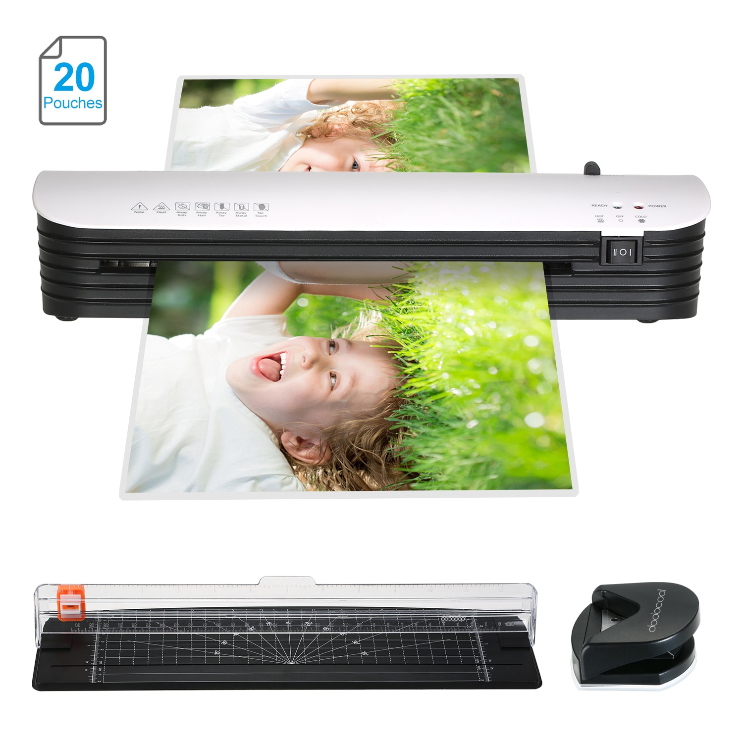 Juego de máquinas laminadoras maquina plastificadora SL299 A4 de laminación en y en frío con 20 bolsas de laminación, cortador de papel, redondeador de esquinas, botón ABS