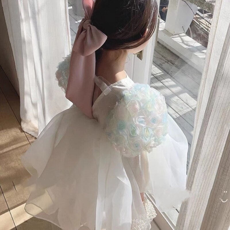 Kinderen Jurk Zomer Party Jurk Voor Kinderen Meisje Verjaardag Drie-Dimensionale Bloem Kleur Bladerdeeg Mouw Mode Casual Jurken