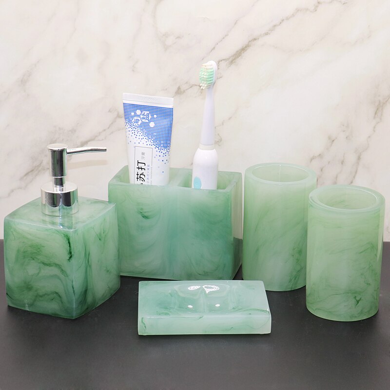 Ensemble d'accessoires de salle de bain vert Texture émeraude, fournitures de bain Imitation Jade, distributeur de savon Portable, tasse de bouche, outils de bain en résine