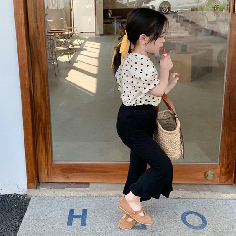 Camisa de lunares para niños y niñas, Blusa de manga corta abombada, Top informal de con Espalda descubierta, trajes para niños de 2 a 7T