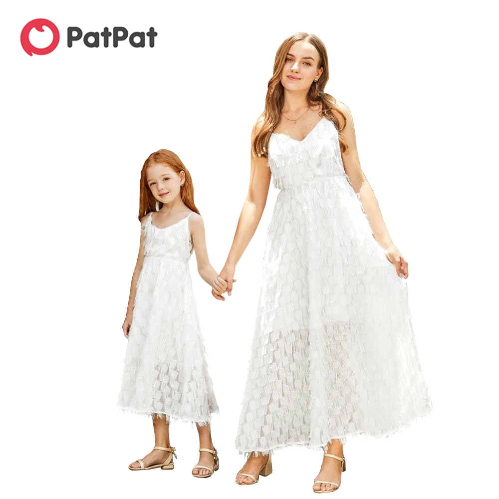 Patpat sommar fluffiga matchande långa klänningar för mamma och mig matchande outfits ärmlösa hängselklänningar