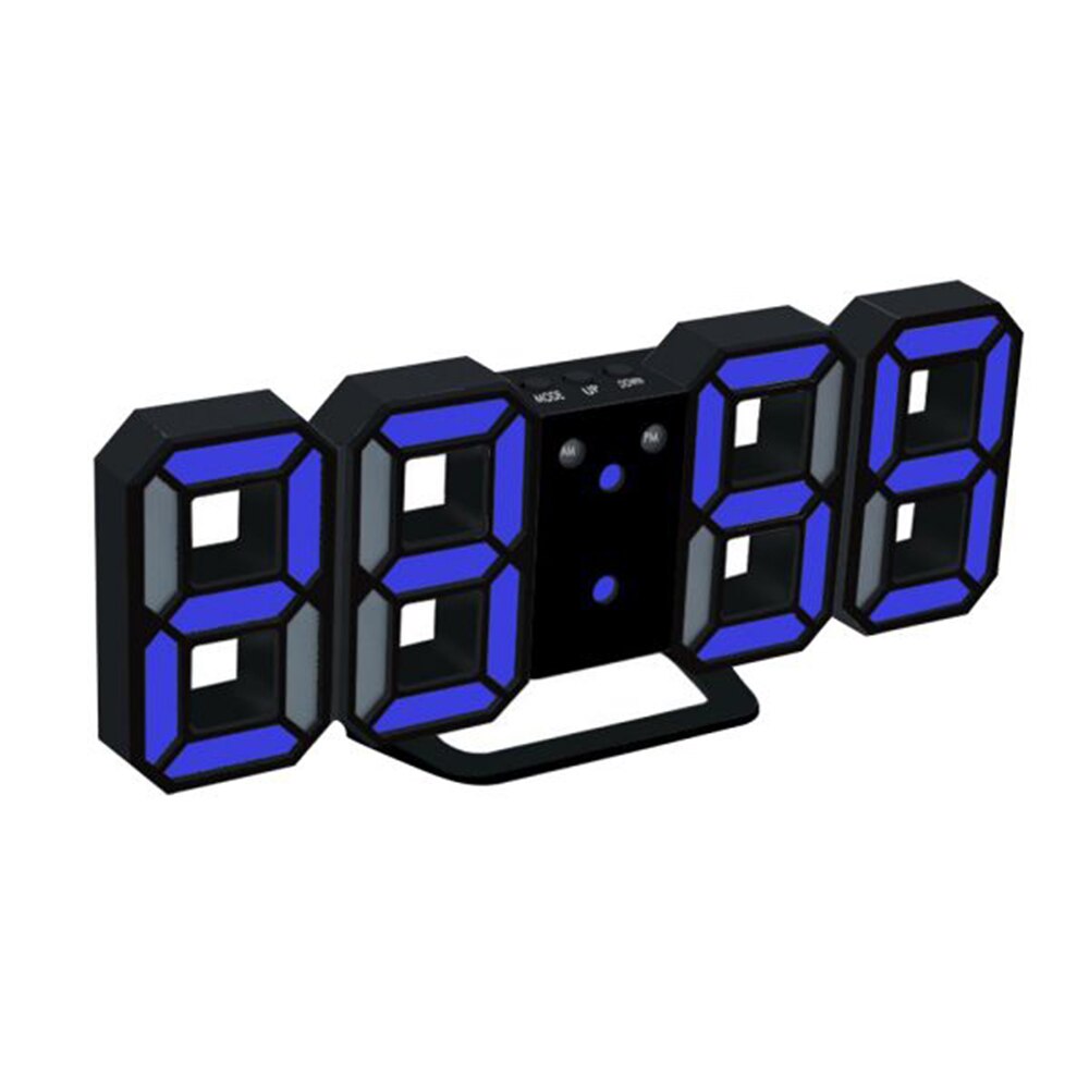 3D Led Digitale Wekkers Muur Opknoping Horloge Snooze Functie Tafel Klok Kalender Thermometer Display Kantoor Elektronische Horloge: black blue