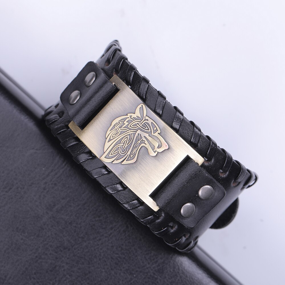 Dawapara Viking Wolf Hoofd Armband Voor Mannen Badge Charm Punk mannen Zwart Lederen Armband Brede Leren Armbanden Voor Vrouwen