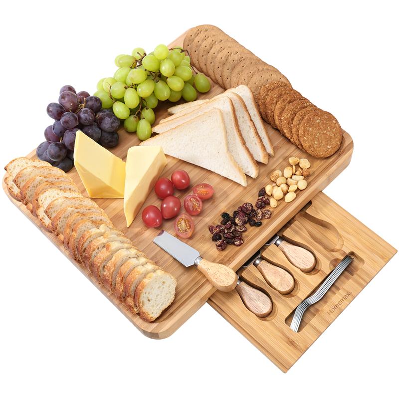 Bamboo Cheese Board Cutter Set Slide-Out Drawer Serving Platter Tray Cutting Board For Cheese Fruit Dessert Kitchen Accessories