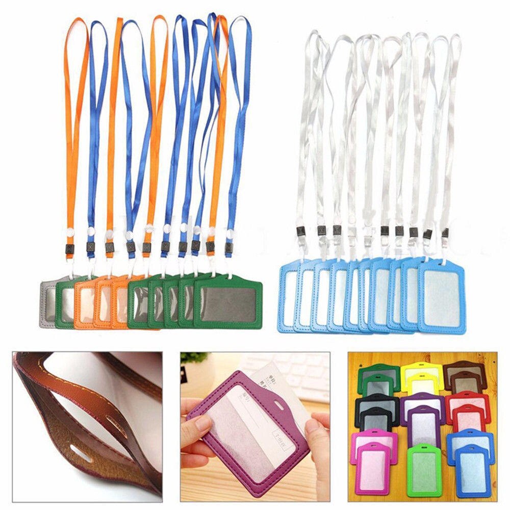 1PC Pocket ID Card Pass Badge Holder with Neck Strap PU Leather Candy Colors Lanyard Case School Office Supplies Student Card