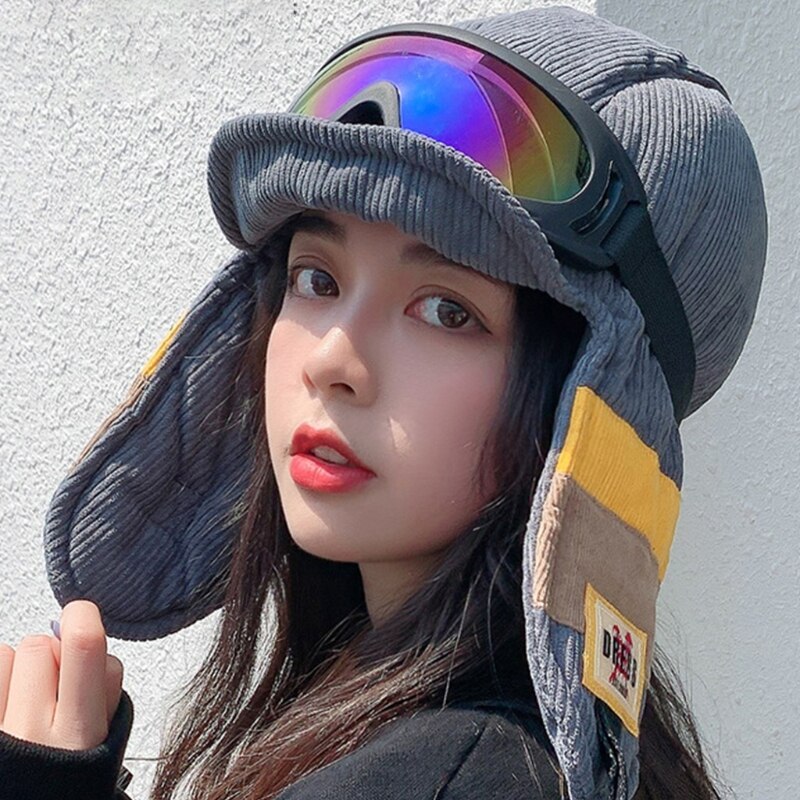 Gorra de cazador de soldado de terciopelo para mujer, gorro Reversible con gafas desmontables, a prueba de viento, a rayas de bloque de color, con orejeras