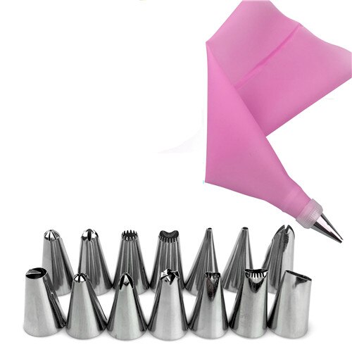 16pc/ sets diy bak- en taartdecoratiegereedschappen siliconen glazuur spuitzak slagroom spuitzak roestvrijstalen spuitmond converter alleen blauwe kleur: Roze
