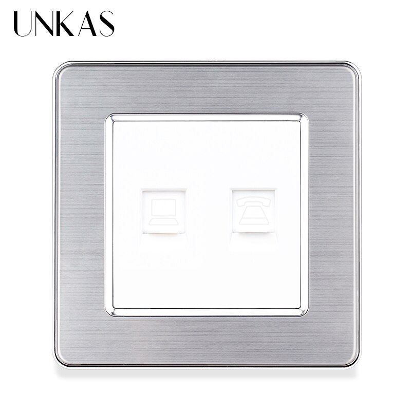 UNKAS Luxury Stainless Steel Panel RJ11 Telephone Jack With Rj45 Internet Computer Port Wall Socket 86MM * 86MM Outlet