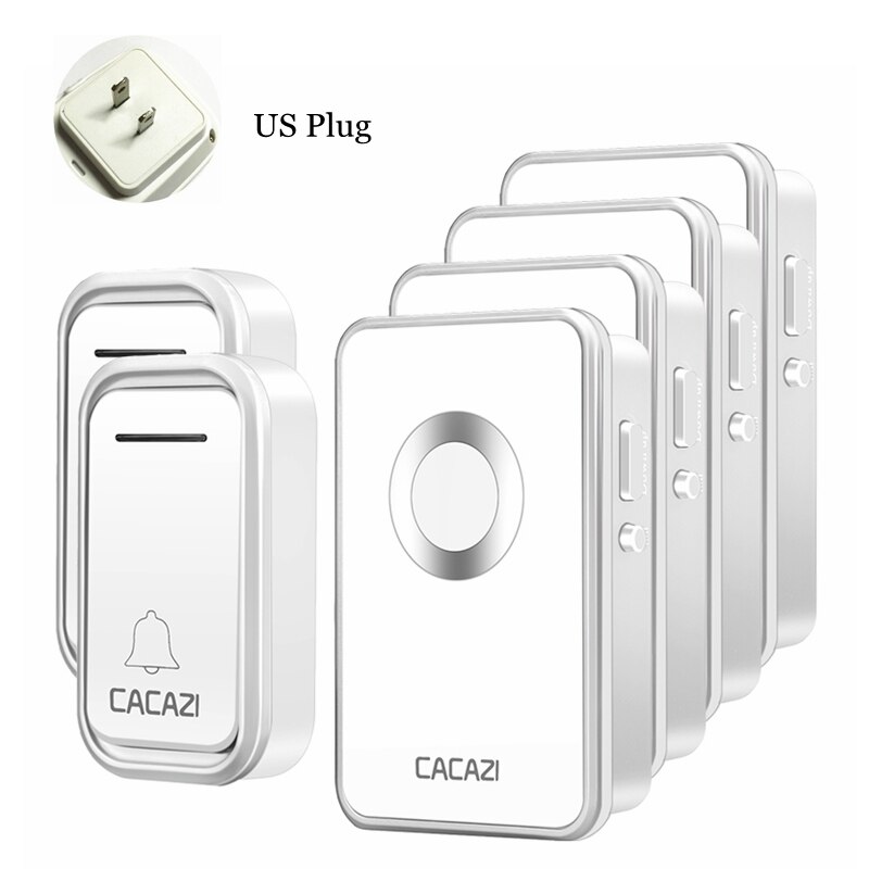 CACAZI Wireless Doorbell Waterproof 300M Remote 2 Battery Button 4 Receiver led light US EU Plug Home Cordless door bell chime: silver 2x4 US