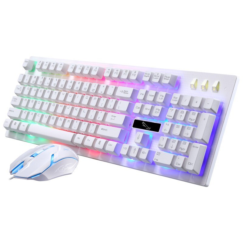 Illuminated keyboard mouse gaming set rainbow wired PC Gamer Suspension Mechanical Laptop Backlit glowing mouse white keyboard: White