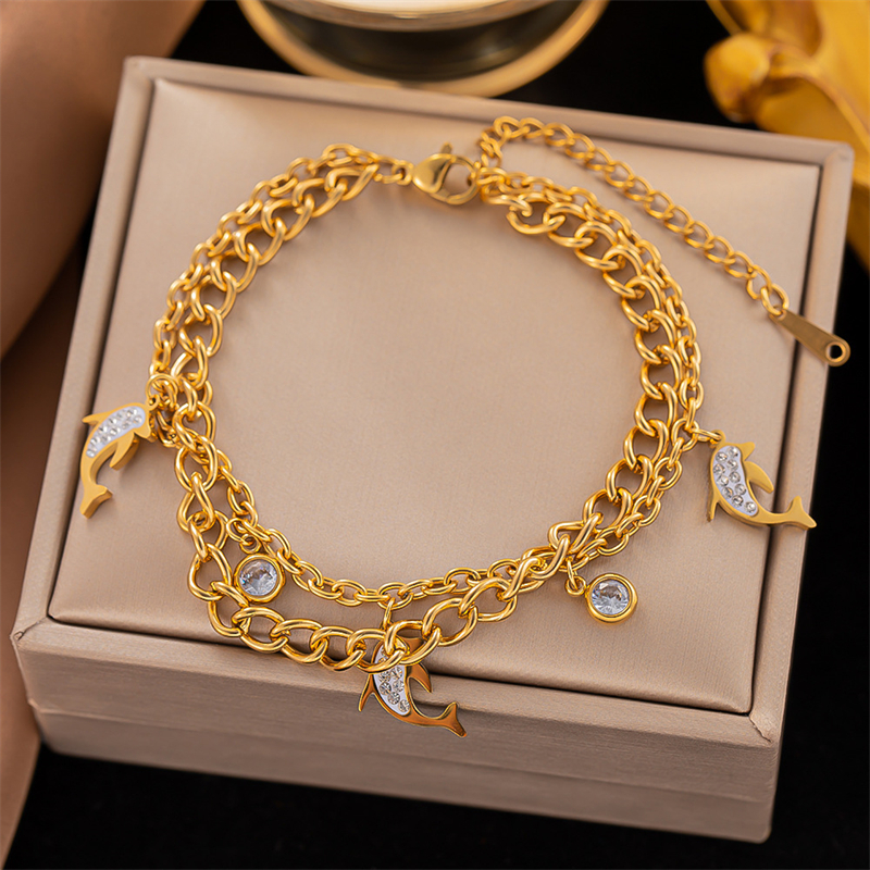 Acciaio inossidabile 316L New Fashion Fine Jewelry 4 stili 2-Layer zircone Butterfly Leafs Dolphin Charm Chain bracciali per le donne