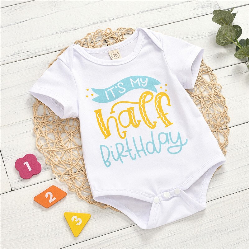 Geboren Baby Geribbelde Brief Print Romper, Peuter Jongen Meisje O-hals Korte Mouw Half Verjaardag Print Top: 9-12 Months