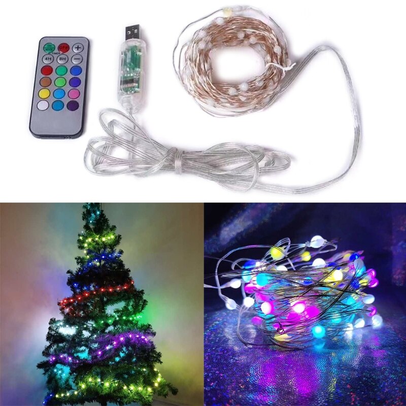 Koperdraadverlichting, draadloze afstandsbediening, usb rgb-lichtsnoer, 12 standen, puntgestuurde led-lamp voor kerstboomdecoratie