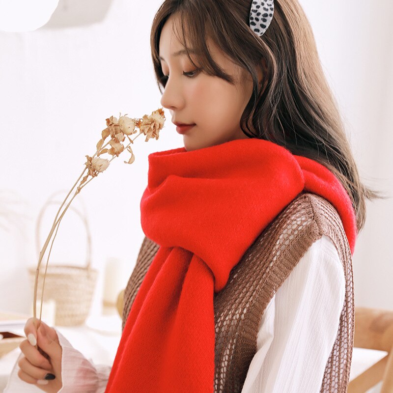 Kvinder vinter tykkere varmt tørklæde blødt solidt kashmir tørklæder pashmina sjaler wraps strikket uld langt tørklæde: Rød