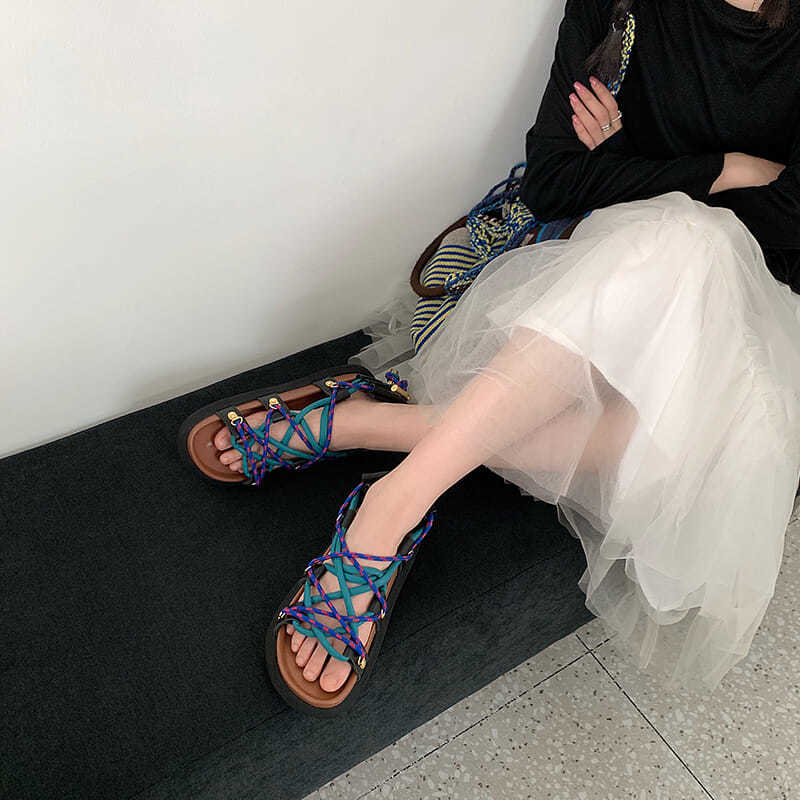 Sandalias romanas de estilo gladiador para mujer, zapatos de playa con cuerda trenzada, Punta abierta, antideslizantes,