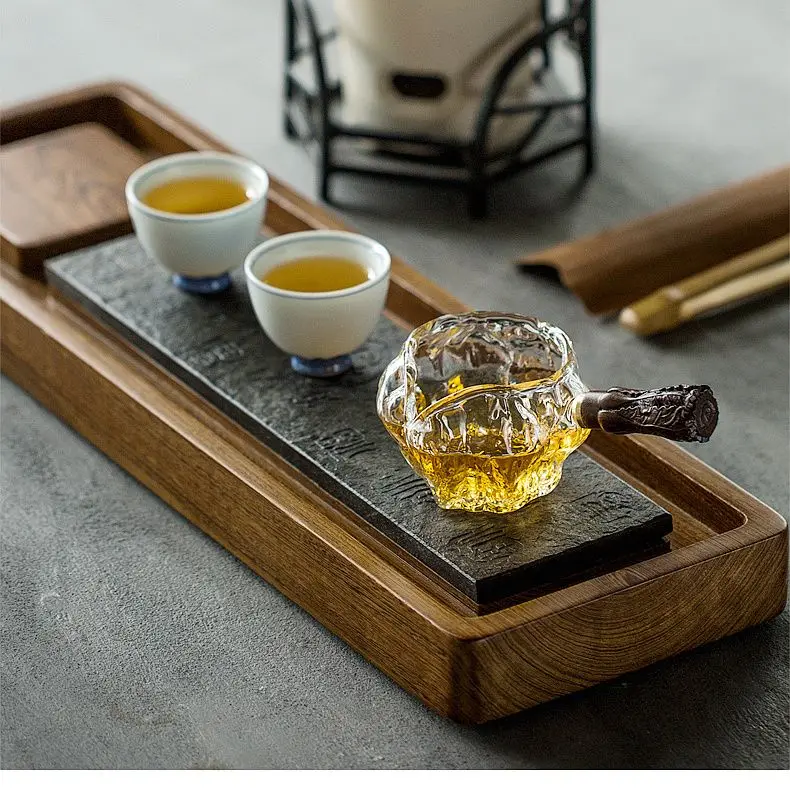 Decantador de jarra para servir té de vidrio, mango de madera, jarra de té chino Gongfu Chahai, taza de té de vidrio, cafetera y leche