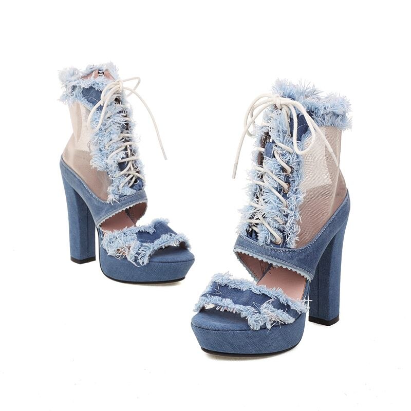 Taglia 34-43 nuovi sandali gladiatore in Denim con cerniera sandali con plateau con tacchi alti spessi scarpe da discoteca per feste estive da donna: 3