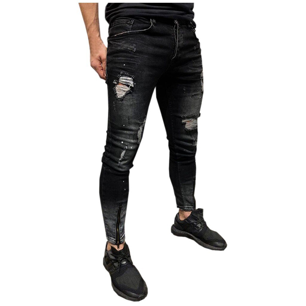 Mens Cool Brand Black Jeans Skinny Ripped Destroyed Stretch Fit Hop Hop Pants With Holes For Men Jeans Trousers#h3: XL