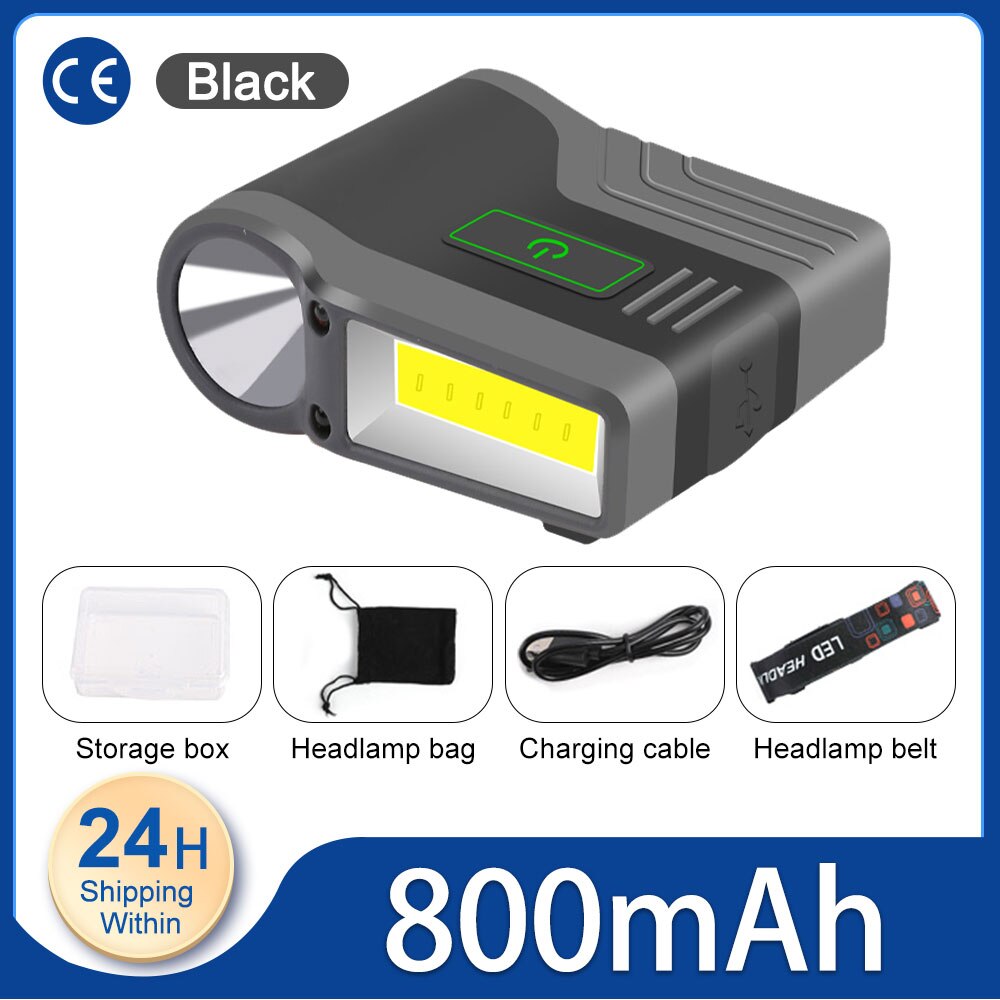 Induction Cap Clip Light USB Charging Cap Clip Flashlight 2200mAh COB Flood Light Head Light Waterproof Fishing Camping Light: Black 800mA