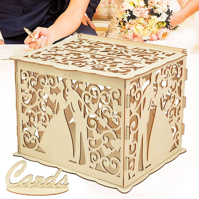 Wedding Card Box Envelope Card Wooden Boxes Hollow Floral Pattern Invitation Card DIY Box Wedding Party Decoration Supplies