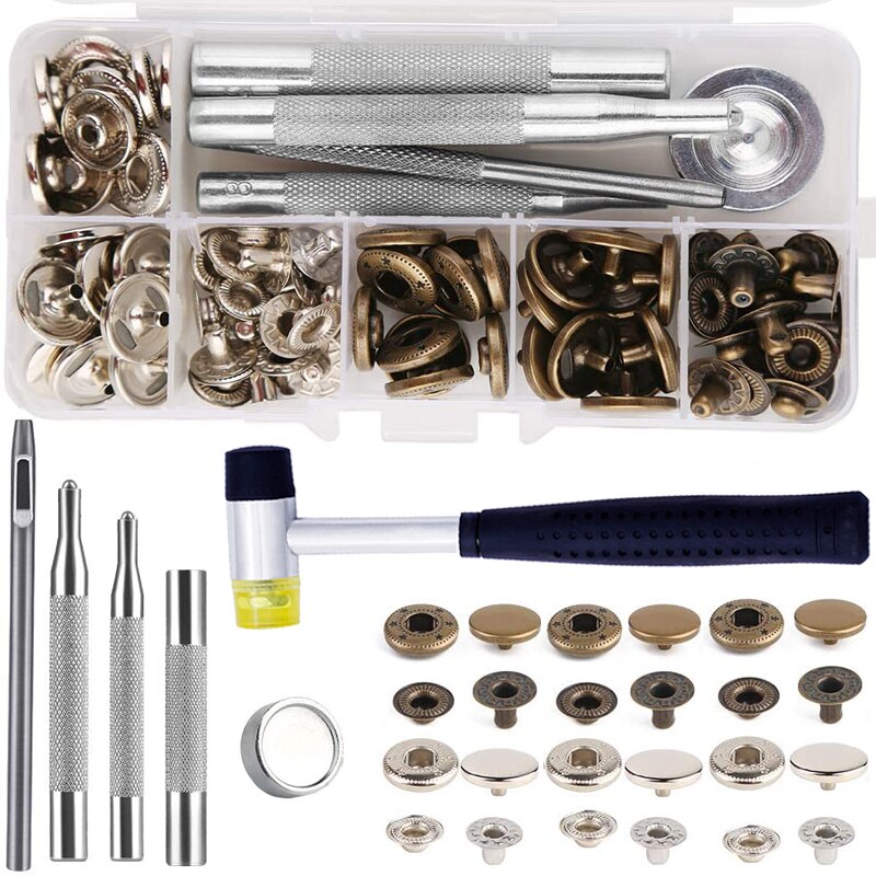 LMDZ Leather Snap Fasteners Kit Press Stud Metal Button Snaps with Hammer Installation Tools for DIY Leather Craft Project
