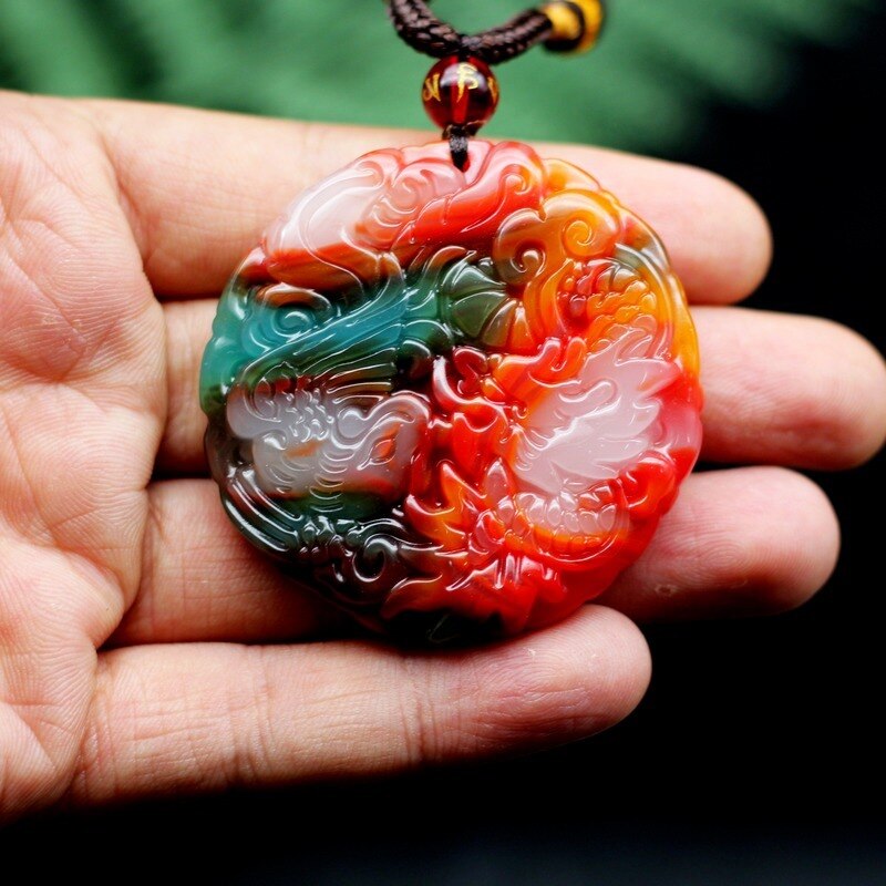 Natural Color Jade Dragon Phoenix Pendant Necklace Chinese Jewelry Hand-Carved Charm Amulet for Men Women Lovers