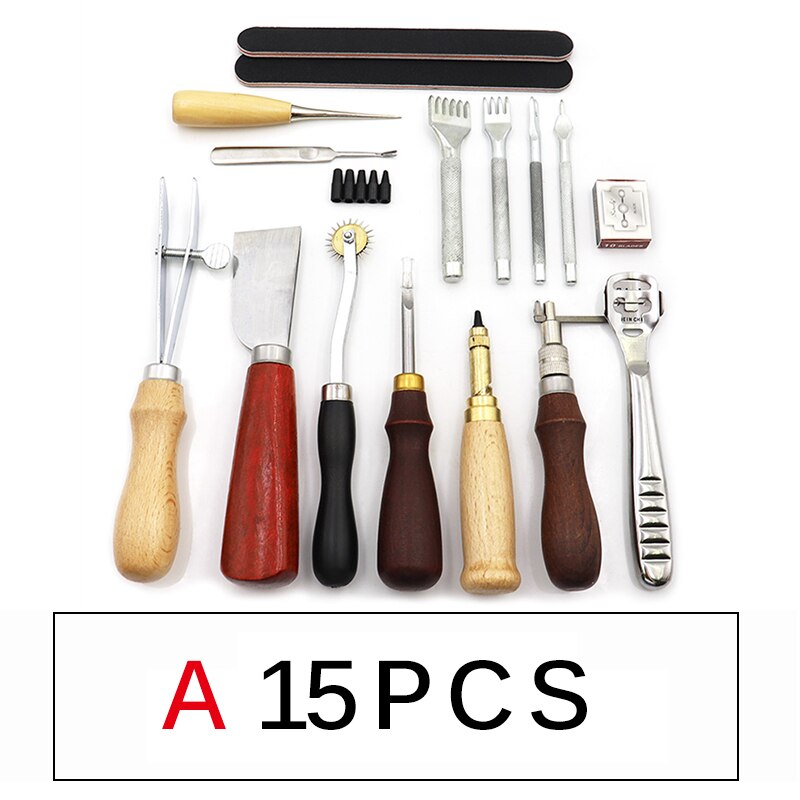 Leather Craft Tools Kit Hand Sewing Stitching Punch Carving Work Saddle Leathercraft Accessories 45/44/25/15PCS: A set 15PCS