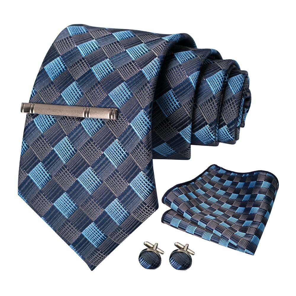 JEMYGINS – cravate en soie pour hommes, ensemble de boutons de manchette, à carreaux, rayures, bleu marine, 100%: 007