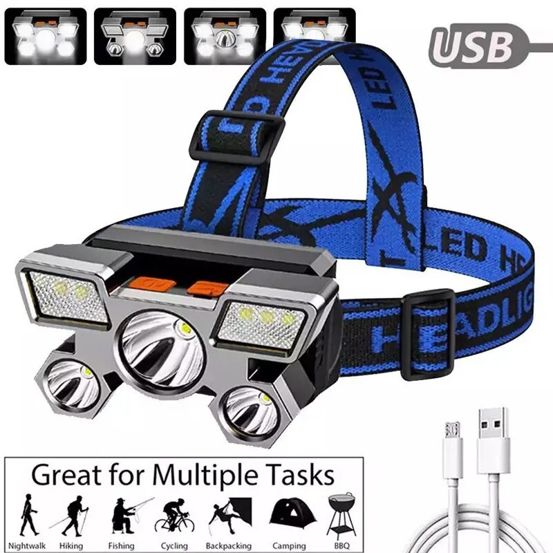 Rechargeable Headlight 5Lights LED Headlamp Fishing Lamp Lightweight Head Torch Light Universal Miner Lamp