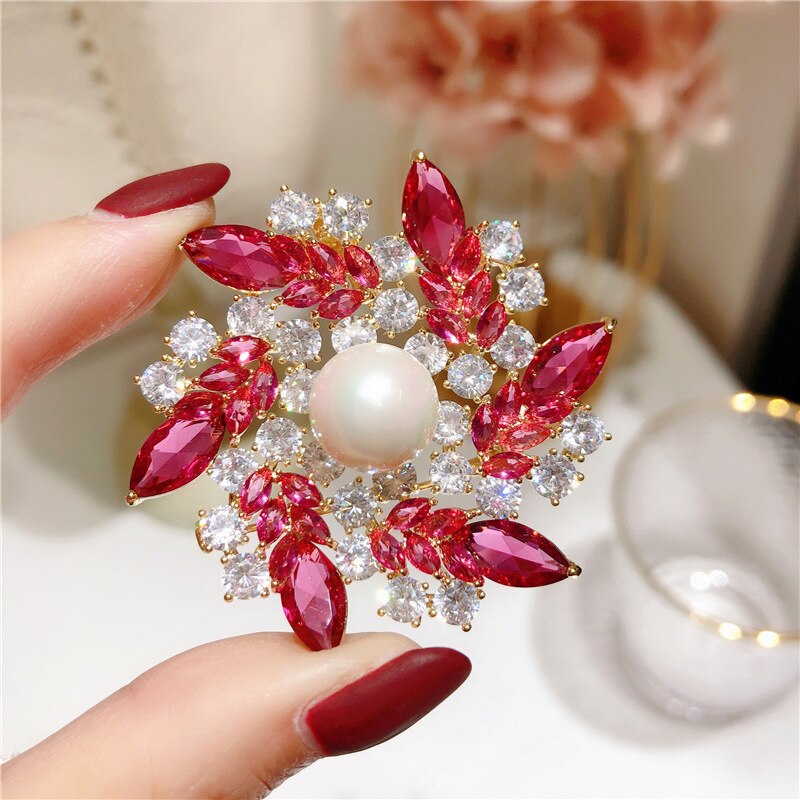 Broschen für damen,  s925 imitationsperlen, rote zirkonia-blume, schalnadel, brosche, korsagen, edler schmuck
