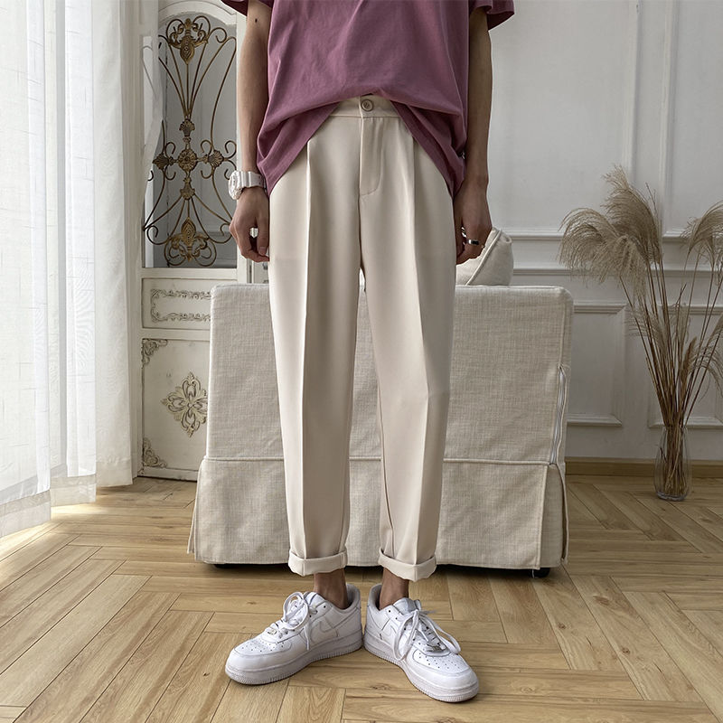 Heren pantalon slank zakelijk kostuum heren wild losse rechte broek heren streetwear effen kleur casual broek s -3xl: S / Gebroken wit