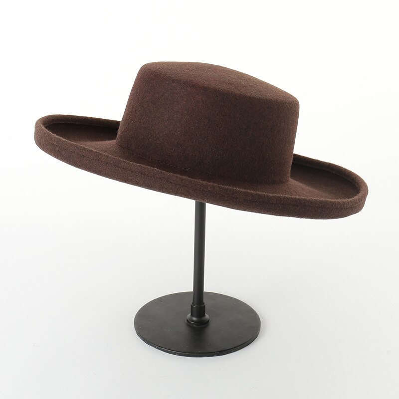 Caluriri Women Wool Boater Flat Top Hat Men Autumn Stage Catwalk Hat Retro Wool Hat Curled Wide Brim Flat Top Hat Top