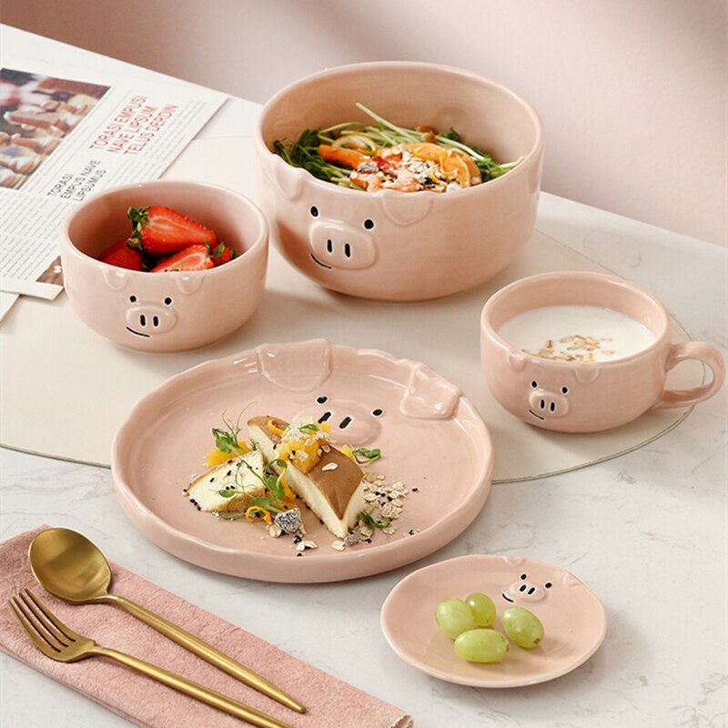 Juego de vajilla de porcelana con dibujos animados para el hogar, conjunto de cerámica con cuenco rosa encantador, plato de desayuno con personalidad creativa