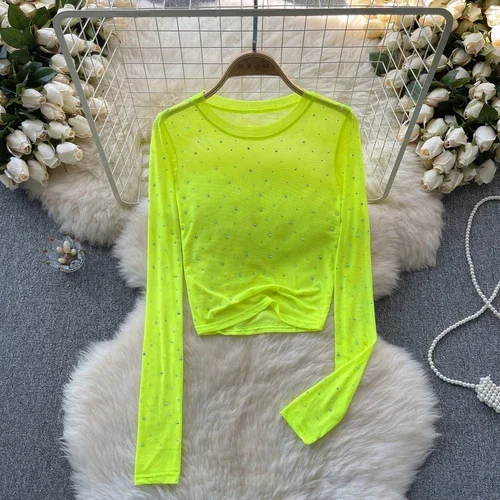 Kvinder hotsweet chic rhinsten mesh transparent lange ærmer sexet crop top slank sexet koreansk t-shirt efterårsskjorte til kvinder: Blå