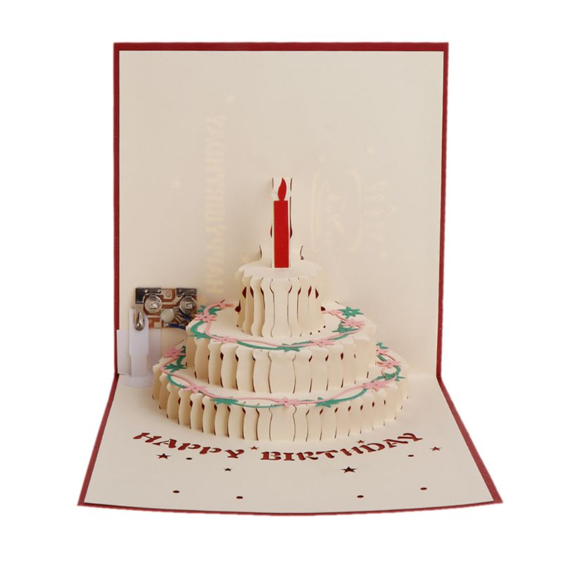 3D Pop Up Greeting Card Happy Birthday Cake Music LED Postcard With Envelope