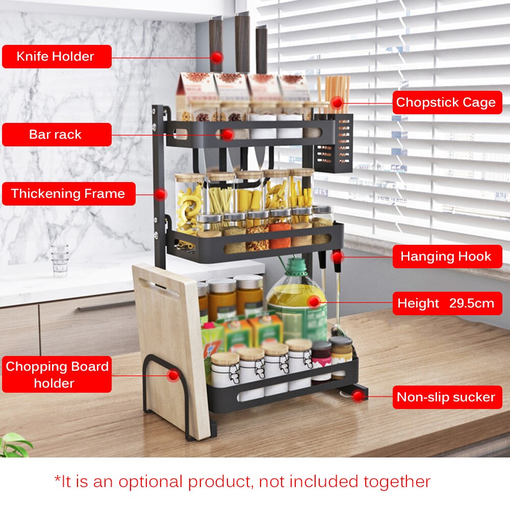 Multifunction Spice Rack Organizer 3-Tier Utensil Holder Freestanding Shelf Organizer for Jars Bottles Cutlery Chopping Board