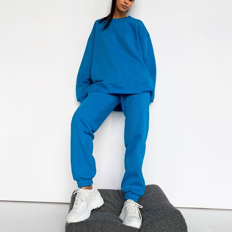 Chándal de lana de dos piezas para mujer, sudadera de gran tamaño, pantalones de Color sólido, trajes informales de otoño e invierno