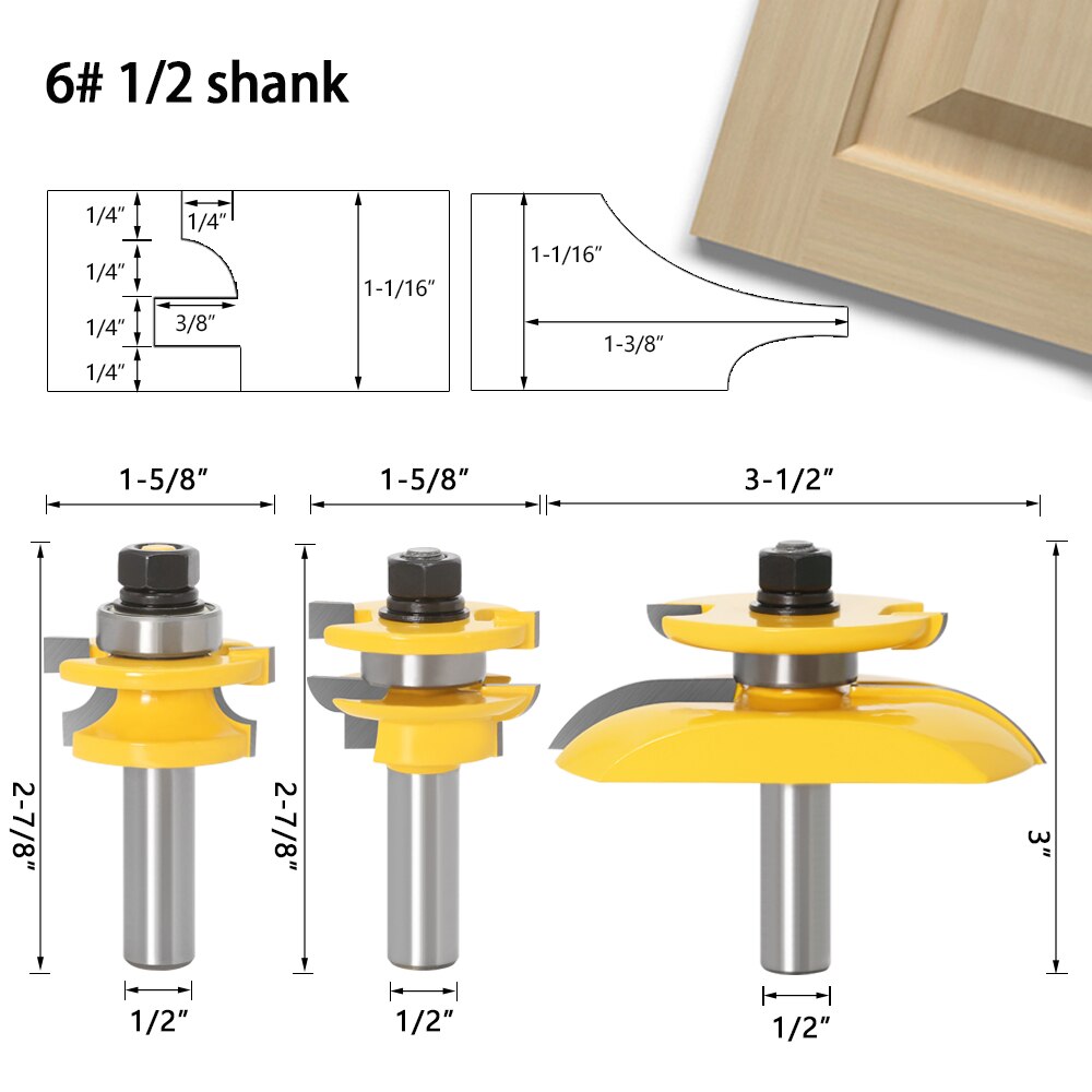 3pcs 1/2" Shank Rail & Stile Ogee Blade Cutter Panel Raised Cabinet Router Bit Set Door Tenon Woodworking Tools: NO6 12.7mm shank
