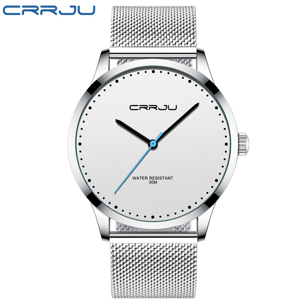 Relogio Masculino CRRJU zegarek dla mężczyzn czarna duża tarcza Casual zegarki kwarcowe unikalne proste zegarki sportowe Mesh wodoodporny zegarek: sliver white