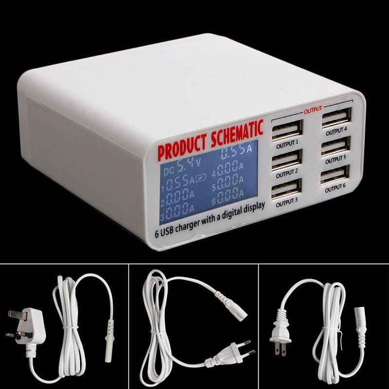 Eu/us/uk plug 6a 6 usb-poort snellader hub wandlaadadapter met lcd-scherm